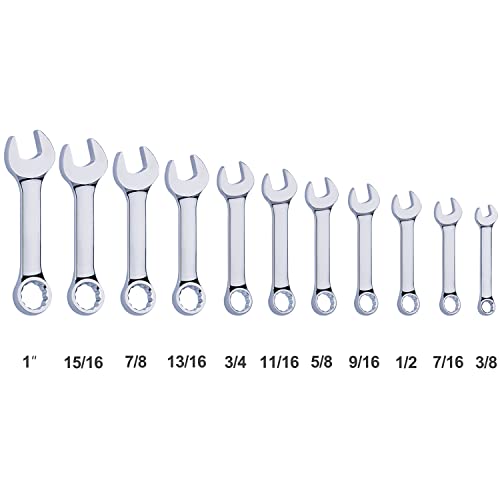 Premium Stubby Combination Wrench Set with Roll-up Pouch, 11-Piece, SAE, 3/8” to 1”, No Skipped Inch Size | Cr-V Steel, Mirror Polished Finish | Short Length and Slim Body, Perfect for Confined Areas SAE Set