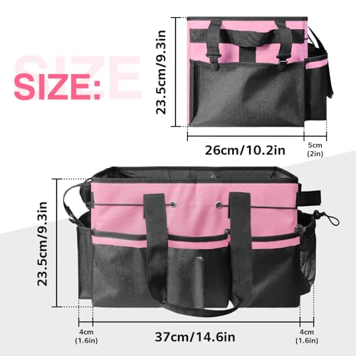 Cleaning Caddy Tote with Removable Dividers - 17.8x12.2x9.3in Waterproof Tool Organizer Bag with Handles & Adjustable Shoulder Strap for Housekeepers, Cleaners & Car Detailing Supplies (Pink) pink