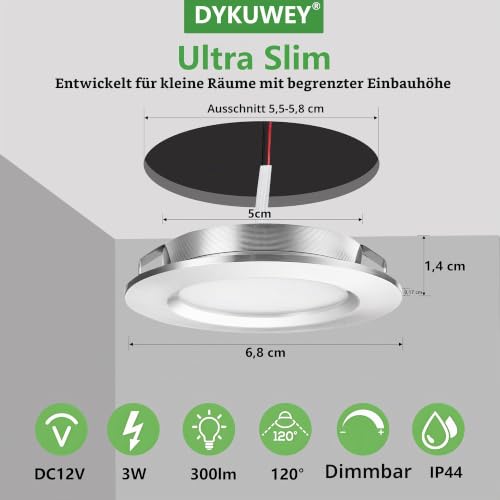 Set of 4 LED Recessed Spotlights, 12 V, 3 W, Recessed Spotlights, LED Flat Hole 55-58 mm and 14 mm Flat, LED Spot 12 V IP44 Dimmable Ceiling Spotlight, Furniture Recessed Spotlights (Silver Warm White 3000 K) Silver Warm White 3000 K