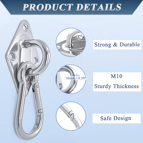OHIYO Heavy Duty M10 Hanging Bundle: 4Pack 5inch Self-Tapping Eye Hooks + 2 Pad & 2 Snap Hooks for Hammock, Swing, Yoga, Indoor/Outdoor