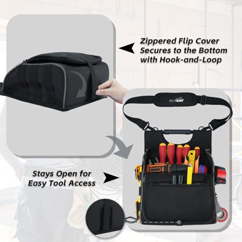 MELOTOUGH Electrician Tool Pouch with Shoulder Strap, Zippered Flip Cover Tool Pouch Bag with Multiple Storage Pockets for Electricians, Technicians, Maintenance Grey