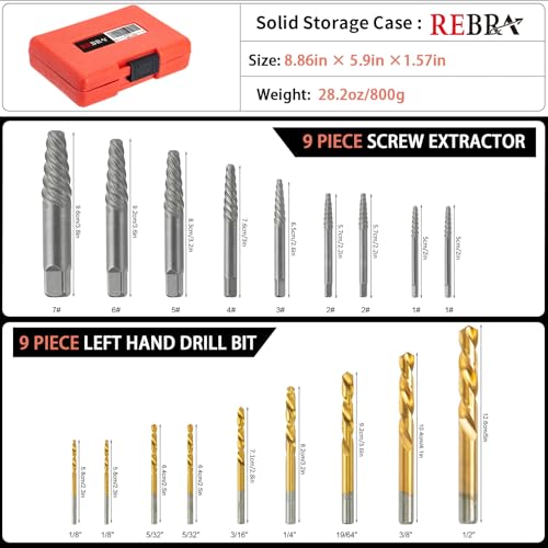 Screw Extractor Set, 37# Cr-Mo & 6542 HSS Steel Cobalt Left-Hand Drill Bit, Easy Out Broken Bolt Remover Reverse, Ez Out Stripped, Rounded-Off, Damaged Bolts, Screws&Studs Removal Tool (18-Pieces) 18-Pieces