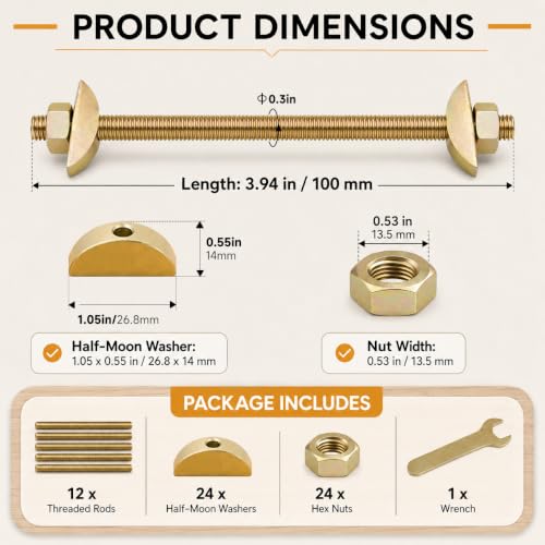 12 Sets M8 x 100mm Countertop Connector Bolts, Furniture Fastening Connectors with Half Moon Washers & Nuts, Draw Bolt Joint Connector for Butcher Block, Bed Frame, Cabinet 12