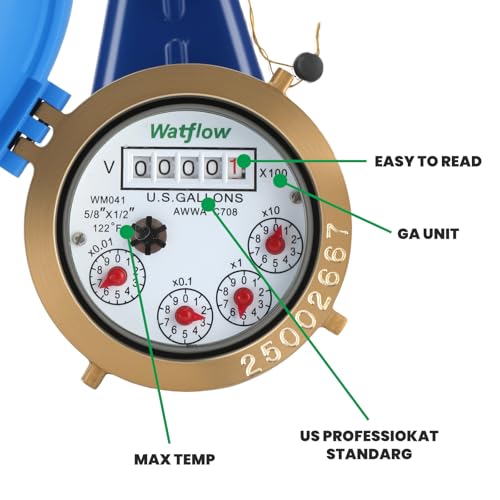 DN15 Vertical Water Meter with 1/2" NPT Couplings, Heavy Brass Cold Water Meter Measuring in Gallon, AWWA 708 Certification for Garden/Home/Apartment. 1/2" Cold, cu m,gal