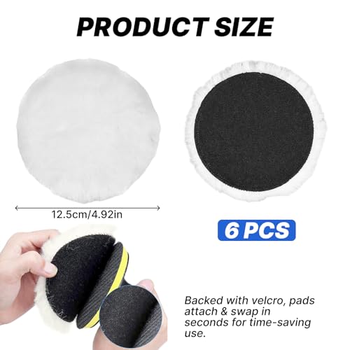 Pack of 6 Polishing Pads 125 mm Wool Polishing Attachment for Random Orbital Sander and Angle Grinder, Polishing Disc 125 mm for Car, Furniture, Metal & Plastic, Polishing Attachment Cordless