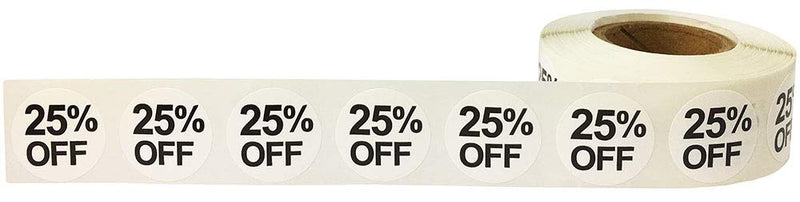 White 25% Percent Off Stickers for Retail – 3/4 Inch Round, 500 Semi-Gloss Adhesive Labels Per Roll for Promotions, Discounts, Sales, and Clearance – Made in The USA