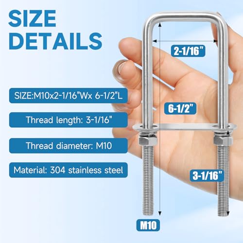 4 Sets M10 Square U-Bolts 2 inch Wide,2-1/16 Wx 6-1/2"L M10x2-1/16 Wx 6-1/2"L