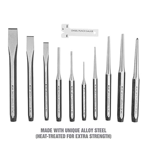 OEMTOOLS 23996 Punch and Chisel Set, 11 Piece, Cut, Shape, and Puncture Medium and Soft Metals, Heat-Treated Alloy Steel, Includes Green EVA Organizer Tray