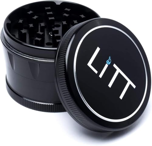 LITT 4 Piece Classic Grinder - Aluminium Grinder with Curved Teeth, Magnetic Top Lid, Kief Pollen Collector, Sharp Grinding Teeth Metal Herb & Spice Grinder, Lifestyle and Travel Accessories