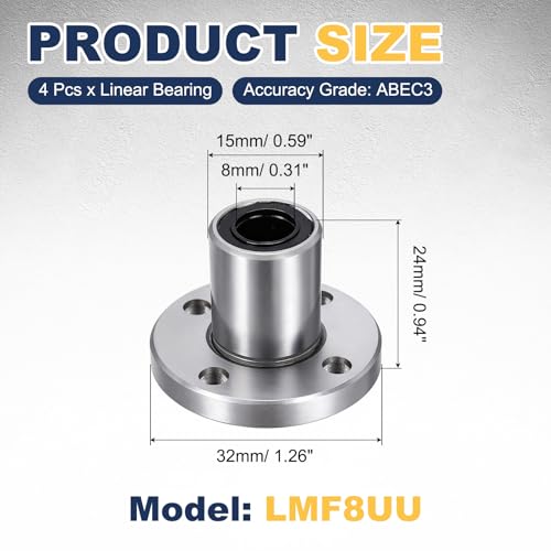 sourcing map 4 Pack LMF8UU Linear Ball Bearings, 8mm Bore Round Flange Linear Ball Bearings Flange Motion Bushing with Double Side Rubber Seal ABEC3 for CNC, 3D Printer