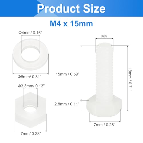 uxcell 300 Pcs/100 Sets Nylon Hex Bolts, M4 x 15mm Plastic Full Threaded Hex Head Screws Bolts and Nuts with Flat Washers for Machinery Electronics Industrial Accessories, White