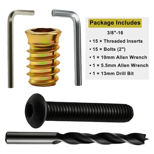 3/8"-16 Furniture Threaded Insert Kit, 15 Zinc-Plated Inserts (25mm) & 15 Grade 10.9 Bolts (2"), with 10mm & 5.5mm Wrenches and 13mm Drill Bit for Heavy-Duty Wood Furniture Repair and Assembly 3/8"-16 × 25 mm(Inserts) + 3/8"-16 × 2"(Bolts)