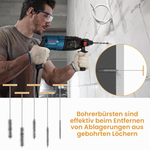 5 Piece Drill Hole Brush Set, 8 mm/12 mm/16 mm/20 mm/25 mm T-Handle Tube Brush | Round hole brush, cleaning brush, pipe cleaner brush for impact drills, efficient drill hole cleaning