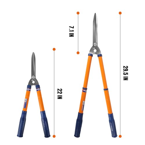 WADFOW WPR1E95 Hedge Clippers:Bush Clippers With Adjustable Length Handle and Wavy SK-5 Steel Blade,Hedge Shears for Pruning Borders and Bushes, Blue and Yellow
