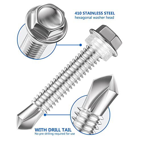 Wensilon (50Pcs)#14×7" Hex Washer Head Self Drilling Screws, 410 Stainless Steel Metal SheetScrews，TEK Screws, Self Drilling Screws, Self Tapping Screws,Extensions Extra Long Screws #14×7” Silver