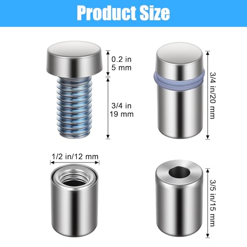 80PCS 1/2 x 3/4 Inch Stainless Steel Standoff Screws, Metal Standoff Pin Wall Mounting Hardware Kit for Acrylic Glass Sign Picture Frame Advertising Display