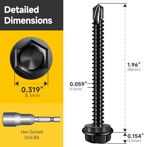 Mywish 100Pcs #10×2" Black Self Tapping Screws for Metal & 50pcs #10 x 2 Self Drilling Screws for Metal, 410 Stainless Steel Hex Washer Head Self Drilling Screws, Black Oxided Self Tapping Sheet Metal