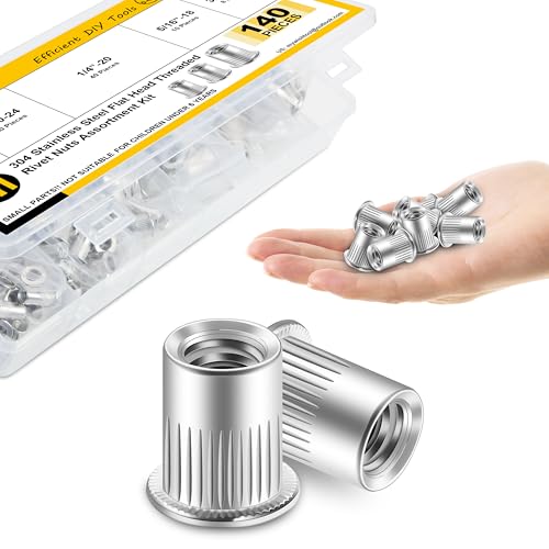 Mywish 50Pcs 3/8 Rivet Nuts & 140Pcs Rivet Nut Rivet Nuts Assortment Kit, #8-32#10-24 1/4"-20 5/16"-18 3/8"-16, 304 Stainless Steel Hardware Nuts, Knurled Body Rivnut Kit, Nutsert Threaded Inserts for