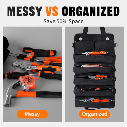 2-Piece Tool Bag Set – Heavy-Duty Roll-Up Waterproof Tool Organizer with 5 Compartments & Small Tool Pouch, Portable Foldable Tool Storage for Electrician, Mechanic, Carpenter, and DIY Projects
