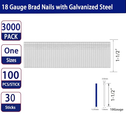 HW HAMWOO 18 Gauge Brad Nails,Galvanized,1-1/2":3000Pcs 1-1/2"---3000pcs