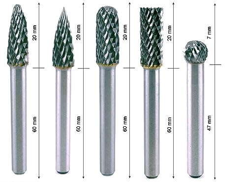 WRS Carbide Burr Set with Universal Cross Toothing, Industrial Quality, 5 Pieces, in Rose Plastic Box, Size: 8.0 mm Head Diameter, 5-Piece 8.0 mm Head-Ø, 5-piece.