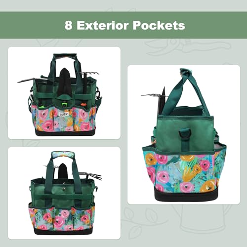 Hard Bottom Floral Garden Tool Tote Bag with Shoulder Strap Green Floral