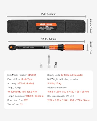 VEVOR 3/8 Inch Drive Torque Wrench, 10-100 ft.lb/13.6-135.6 Nm, Dual-Direction Adjustable Click Torque Wrench with 1/2 & 1/4 adapter, 3" Extension Bar, for Automobile Repair 3/8" 4 PCS