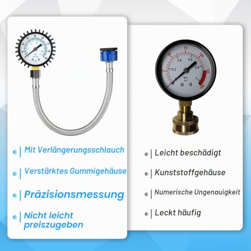 0-11 Bar/0-160 Psi Water Pressure Gauge, 2 Inch Dial Stainless Steel Water Supply Pressure Tester with Hose Connector, Plumbing Tool for Home and Garden Irrigation Systems 0-11 Bar 2"(with Hose) Lower Mount