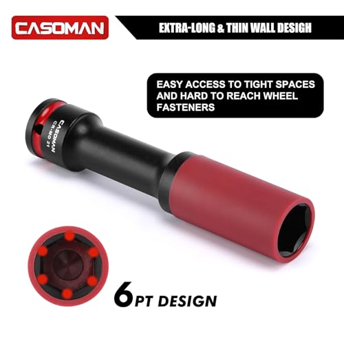 CASOMAN 3PCS 1/2" Drive Non-marring & Thin Wall Lug Nut Impact Socket Set, for Wheel Lug Nut Remover, Extra Deep 150mm, 6-Point, Metric, CR-MO, 17mm 19mm 21mm