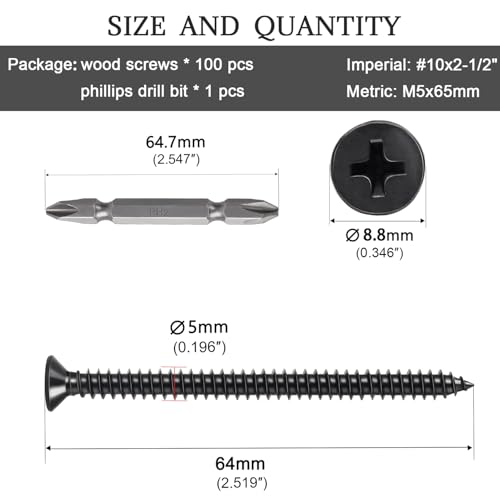 #10x2-1/2 Phillips Flat Head Black Wood Screws 100pcs HS/ZGLS-01 #10 x 2-1/2"