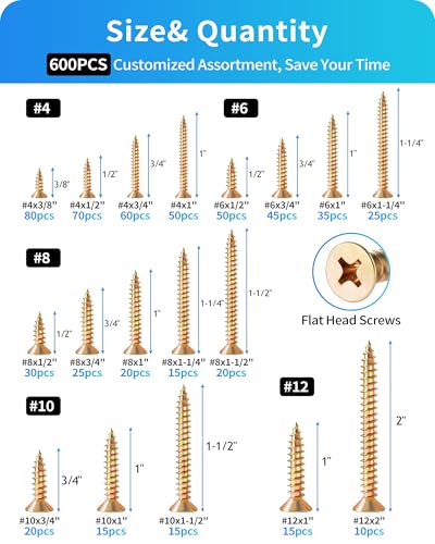 600Pcs Stainless Steel Zinc Plated Wood Screws Assortment Kit, #4#6#8#10#12 Phillips Flat Head Sheet Metal Screws Self Tapping Screws Set,Length 3/8" to 2" (Gold-Flat Head) Gold