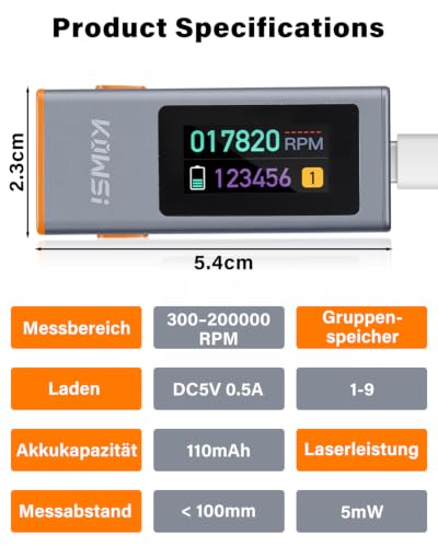 Digital Tachometer, Non-Contact Laser Speedometer RPM 300-200,000 rpm, TFT Color Display, 110 mAH Battery with USB-C Power Supply, 9 Records Storable, 0.8 s Response
