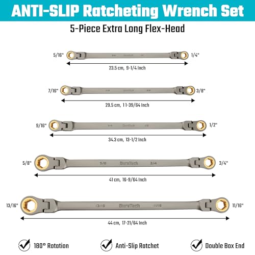 DURATECH Extra Long Anti-Slip Flex-Head Ratcheting Wrench Set, 5-Piece, SAE