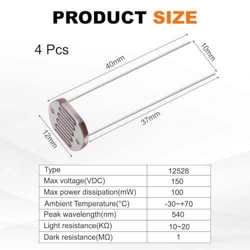 sourcing map 4 Pieces Photoresistor Kit 12mm Light Dependent Resistor (LDR) Light Sensitive Resistor Passive Components for DIY Industrial Experiments, GL12528