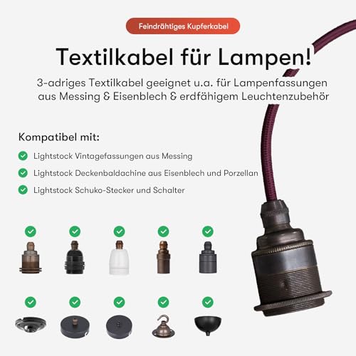 Textile Cable for Lamps, Textile-Coated Round Cable, Three-Core, 3 x 0.75 mm², Gold, black 5 metres