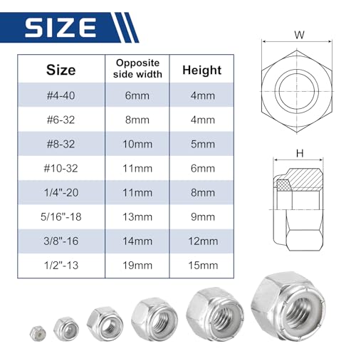 225Pcs Nylon Locking Hex Nuts Kit - [#4,#6,#8,#10,1/4",5/16",3/8",1/2"], 304 Stainless Steel Hardware Nuts, Silver, for Automotive, Aerospace, Industrial Applications Use