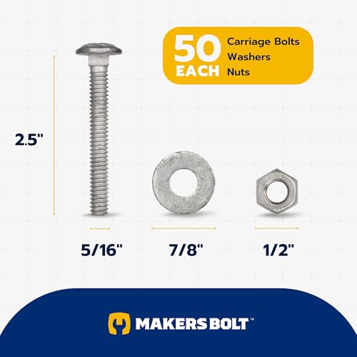 5/16" x 2-1/2" (50 Pack) Galvanized Carriage Bolt Kit Grade 307A Includes 5/16" USS Flat Washers (50 pcs) and 5/16"-18 Hex Nuts (50 pcs), Hot Dip Galvanized for Exterior Use by Makers Bolt 5/16" x 2-1/2"