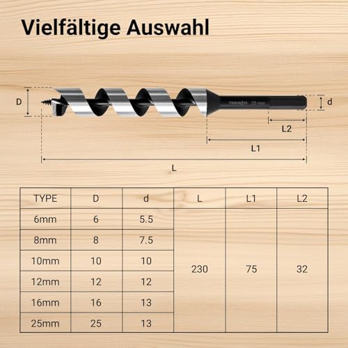 6pcs Auger Bits Set, High Speed Steel, Hex Shank Wood Drill