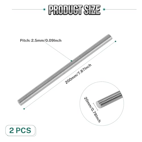 2Pcs Fully Threaded Rod & Studs, M20 x 200mm Long Threaded Screw, 2.5mm Thread Pitch, 304 Stainless Steel Right Hand Thread Bar Studs for Furniture Machinery Assembly