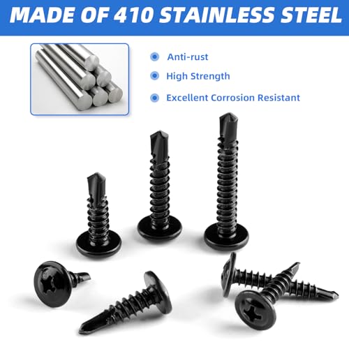 Besitu 400PCS Self Tapping Screws, 410 Stainless Steel Self Drilling #8#10 Black Oxide Sheet Metal Screw, Length 1/2" to 1-1/4'', Truss Head Wood Screws Assortment for Metal, Plastic and RV #8 #10
