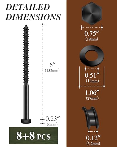 (2Box) 3/8" x 6" Hex Head Lag Screws Bolts with Flat Washers, 16Sets Black 304 Stainless Steel 18-8 Heavy Duty 3/8 Lag Bolts for Wood with Hex Socket 3/8" x 6" 2-Box
