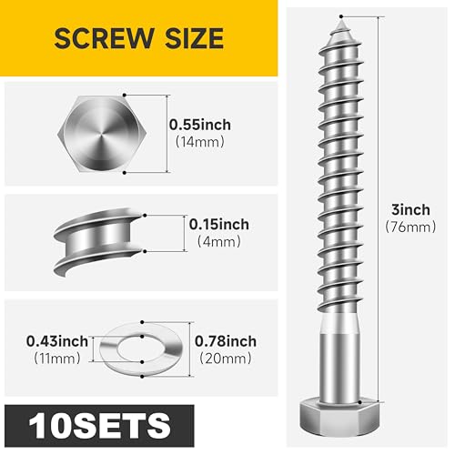Mywish (10Sets) 3/8" x 3" Hex Head Lag Bolts & 100Pcs 4 Inch Wood Screws, #14 x 4 Heavy Duty Outdoor Wood Screws Assortment Kit Deck Screws, Hex Socket Included Hex Head Log Landscaping, Lag Screws