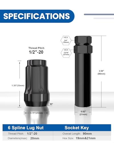 GAsupply 1/2-20 Lug Nuts Black 1.38" 35mm Tall Cone Seat, 24Pc
