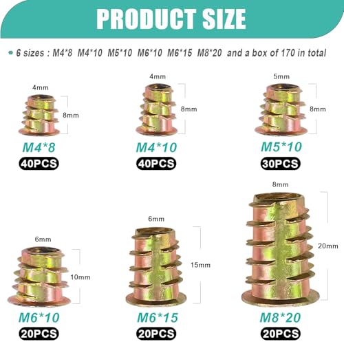 Taiss 30pcs 1/4-20 x 3/4" Flat Head Socket Head Screw,304 Stainless Steel + 170PCS Threaded Inserts Nuts,6 Sizes Wood Threaded Insert Kit