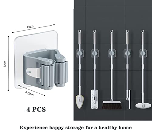 Pack of 4 Broom Holder Wall Self-Adhesive Broom Holder Self-Adhesive Mop Holder No Drilling Wall Mount Broom Holder Broom Holder Wall Mounted Grey Mop Holder Mop Holder for Kitchens, Bathrooms