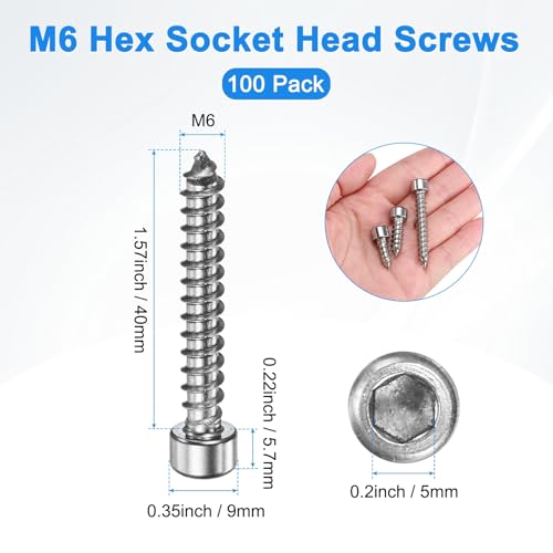 M METERXITY 100 Pack Hex Socket Head Screws, M6x40mm Stainless Steel Bolts Full Thread Self Tapping Screws for Furniture Machinery Electrical Appliances [Silver]