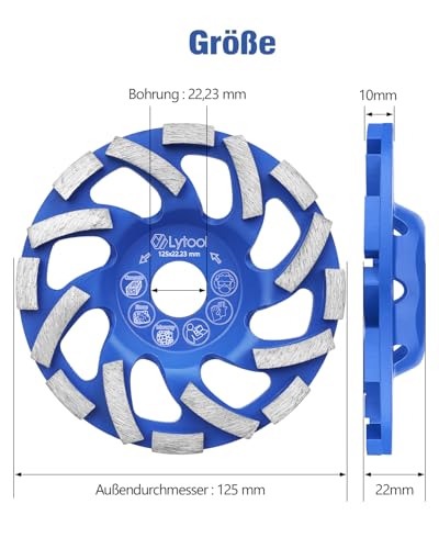 Lytool Diamond Cup Wheel 125 mm x 22.23 mm Cup Grinder Concrete Grinding Wheel | For concrete, stone, natural stone, tile adhesive, masonry granite, concrete grinder twin speed extreme cup wheel