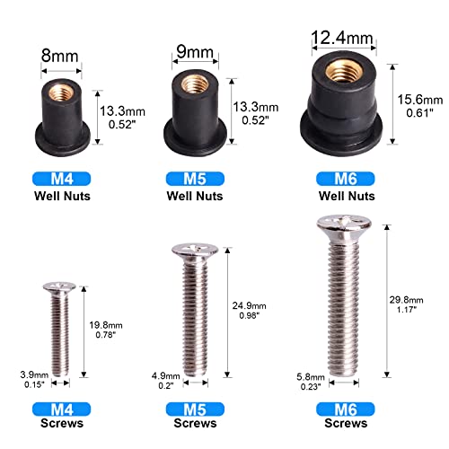 WEDAMER 54 Pairs Neoprene Well Nuts Kit M4 M5 M6 with Stainless Steel Screw M5 Rubber Well Nuts Kayak Brass Copper Bolts Well Nut Kit for Kayak Motorcycle Boat Marine Windscreen Accessories (M4 M5 M6)