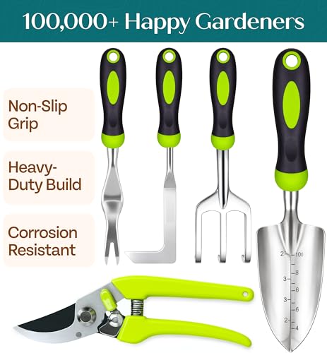 Heavy Duty Gardening Tools - Gardening Gifts for Women, Men, Mom, Dad - Durable, Ergonomic Garden Tools Set (Green) Standard