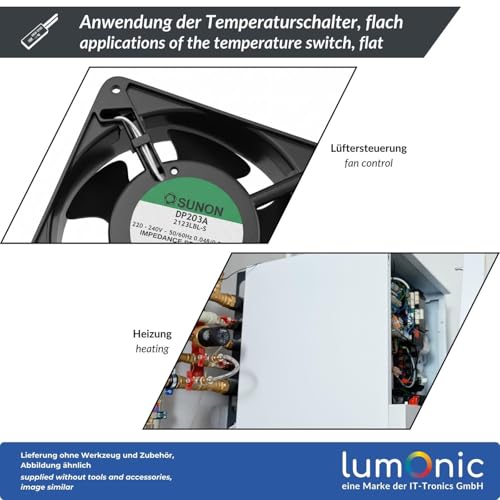 Lumonic HKW9700 Temperature Switch Flat | 40°C ± 4°C | NO | Max. AC 250V/5A | Max. DC 24V/8A | Cable 70mm | 21x8x4mm | Thermal Switch, Bi-Metal, KSD9700 | Motors, Power Supplies, Fan Heater Closing Contact
